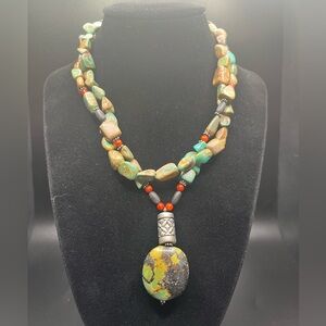 Artisan Stone Necklace Turquoise Color Jasper Pendant Sterling Silver Accents